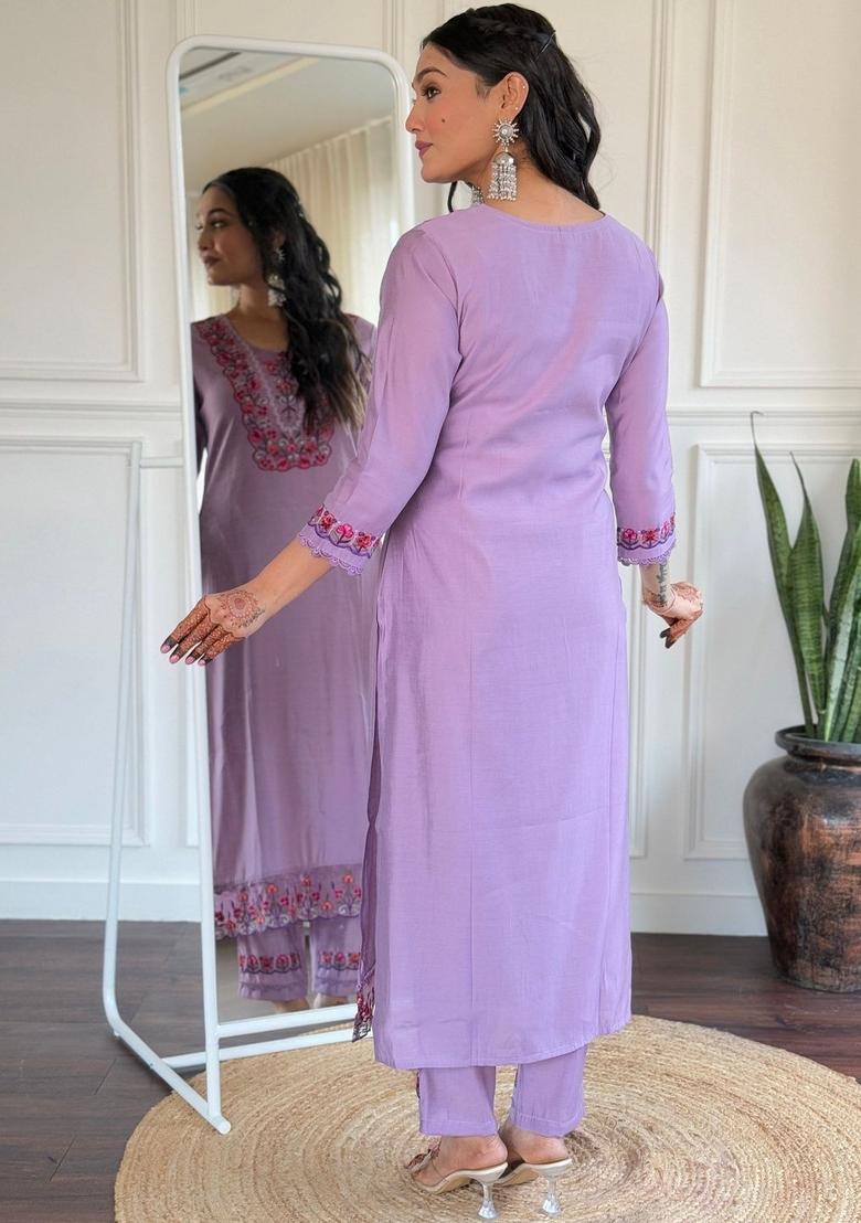 Purple Embroidered Viscose Kurta Set - Indya