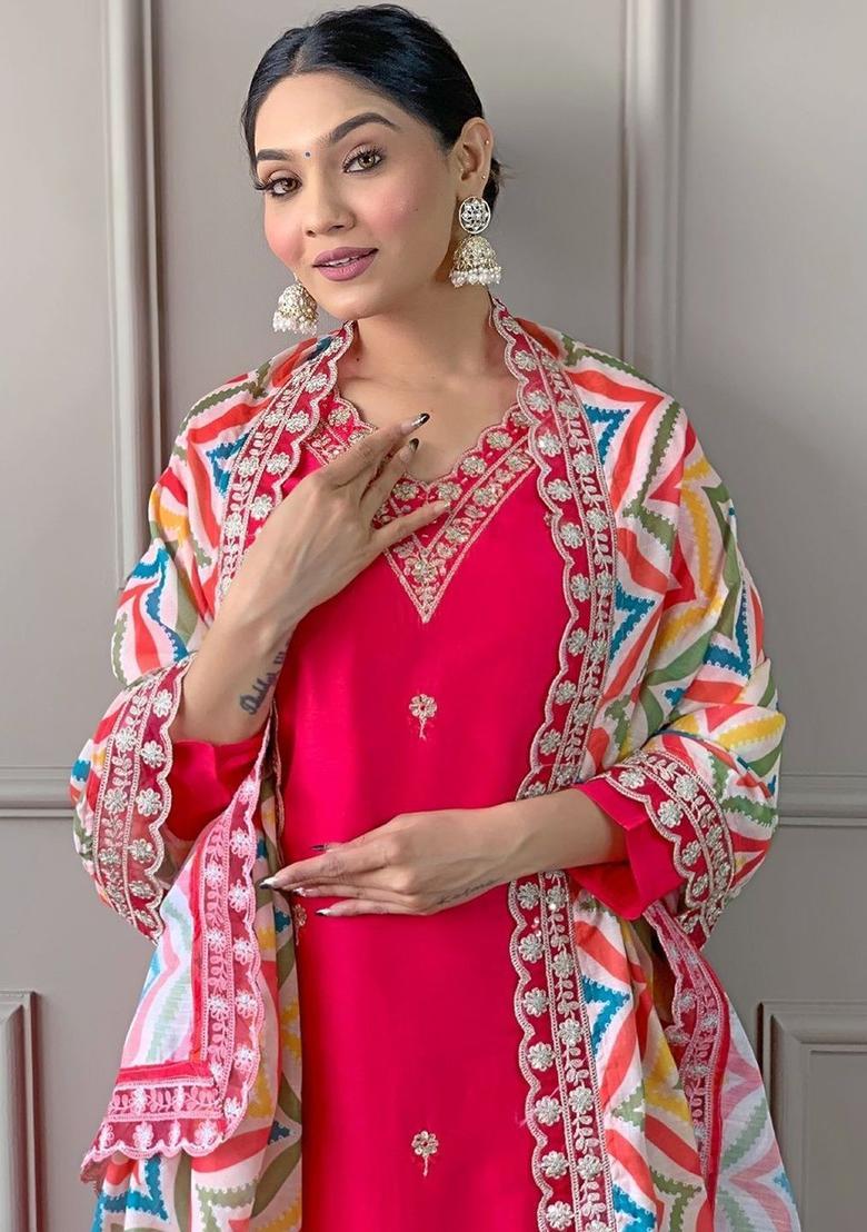 Fuchsia Embroidered Viscose Kurta Set - Indya