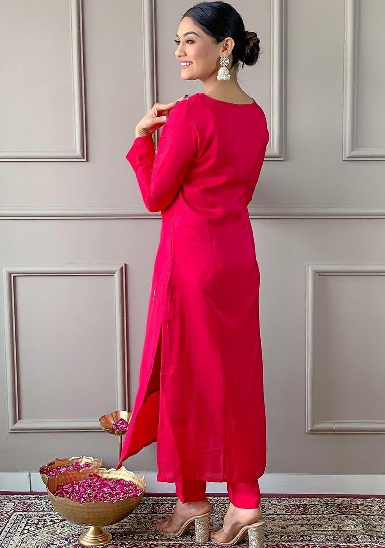 Fuchsia Embroidered Viscose Kurta Set - Indya