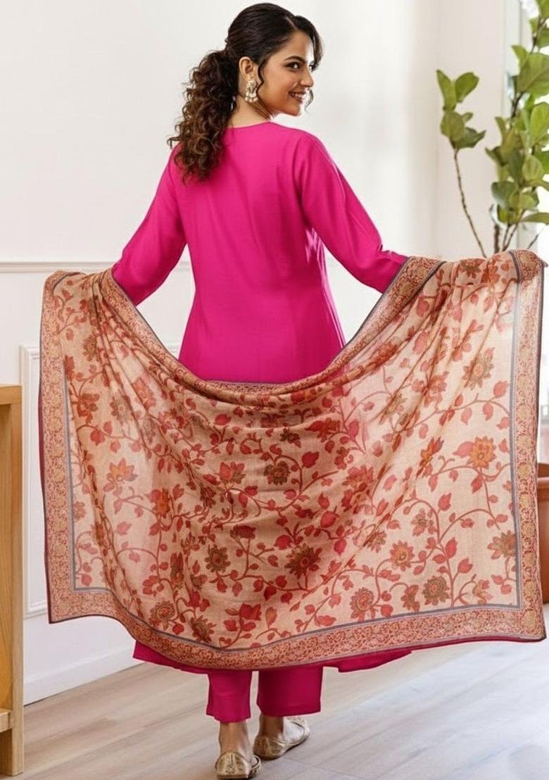 Fuchsia Embroidered Viscose Kurta Set - Indya