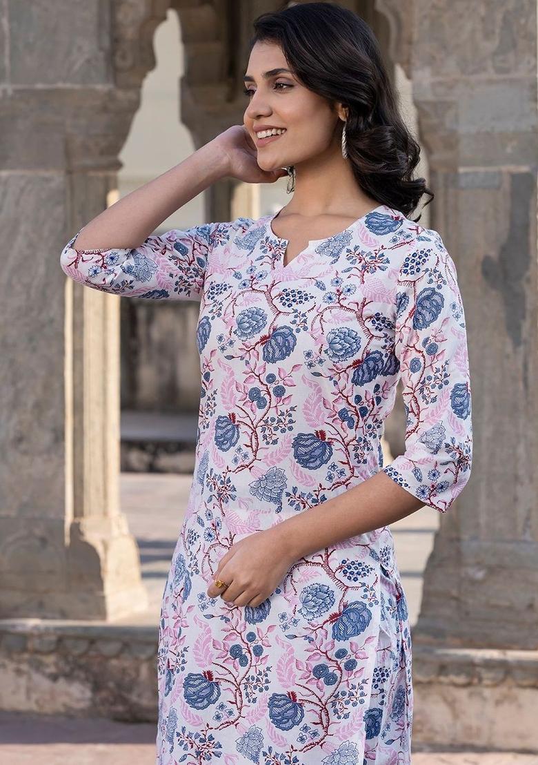 White Printed Cotton Kurta Set - Indya