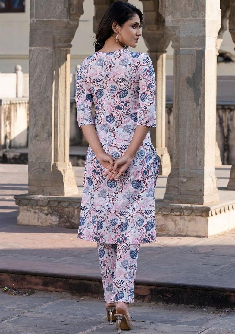 White Printed Cotton Kurta Set - Indya