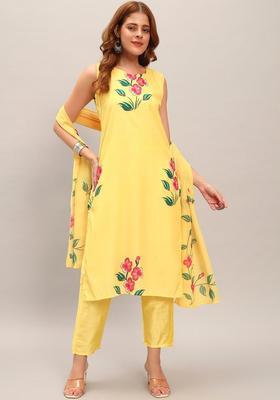 Yellow Printed Crepe Kurta Set