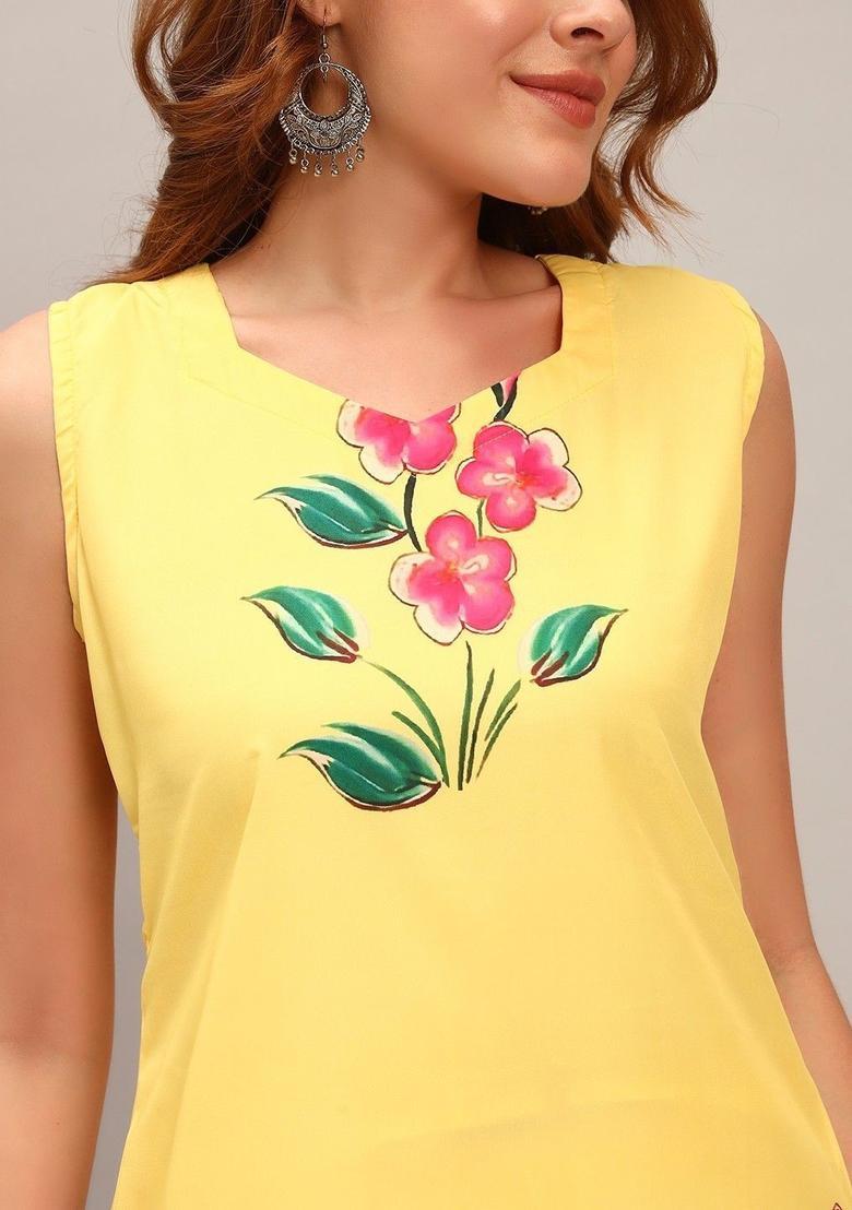 Yellow Printed Crepe Kurta Set - Indya