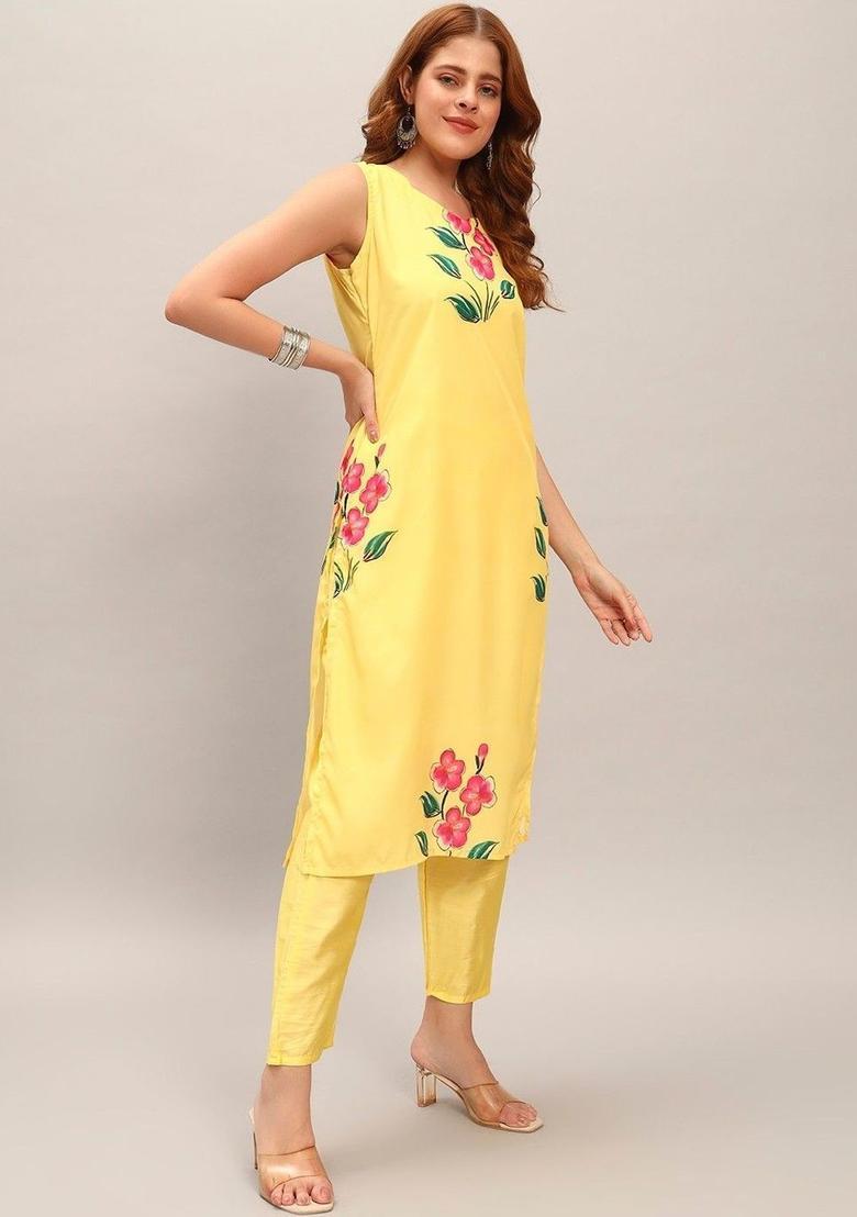 Yellow Printed Crepe Kurta Set - Indya