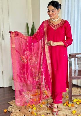 Red Embroidered Viscose Kurta Set