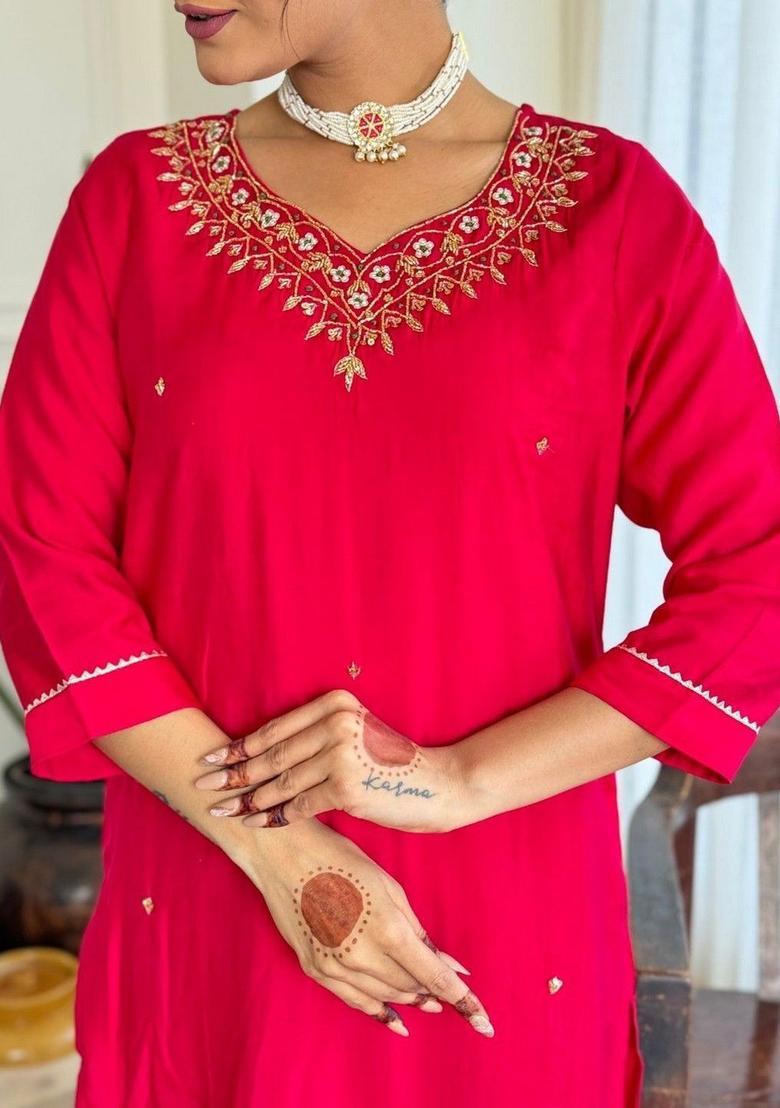 Red Embroidered Viscose Kurta Set - Indya