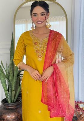 Mustard Embroidered Viscose Kurta Set