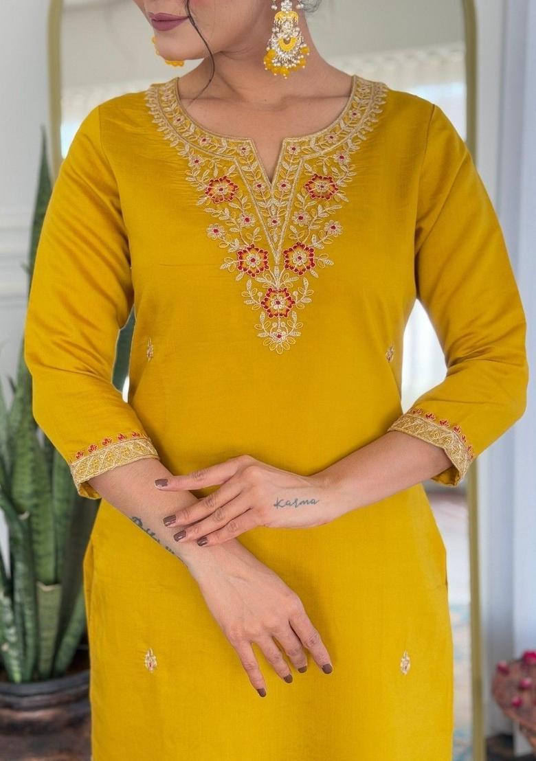 Mustard Embroidered Viscose Kurta Set - Indya