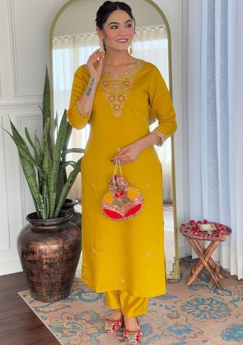 Mustard Embroidered Viscose Kurta Set - Indya