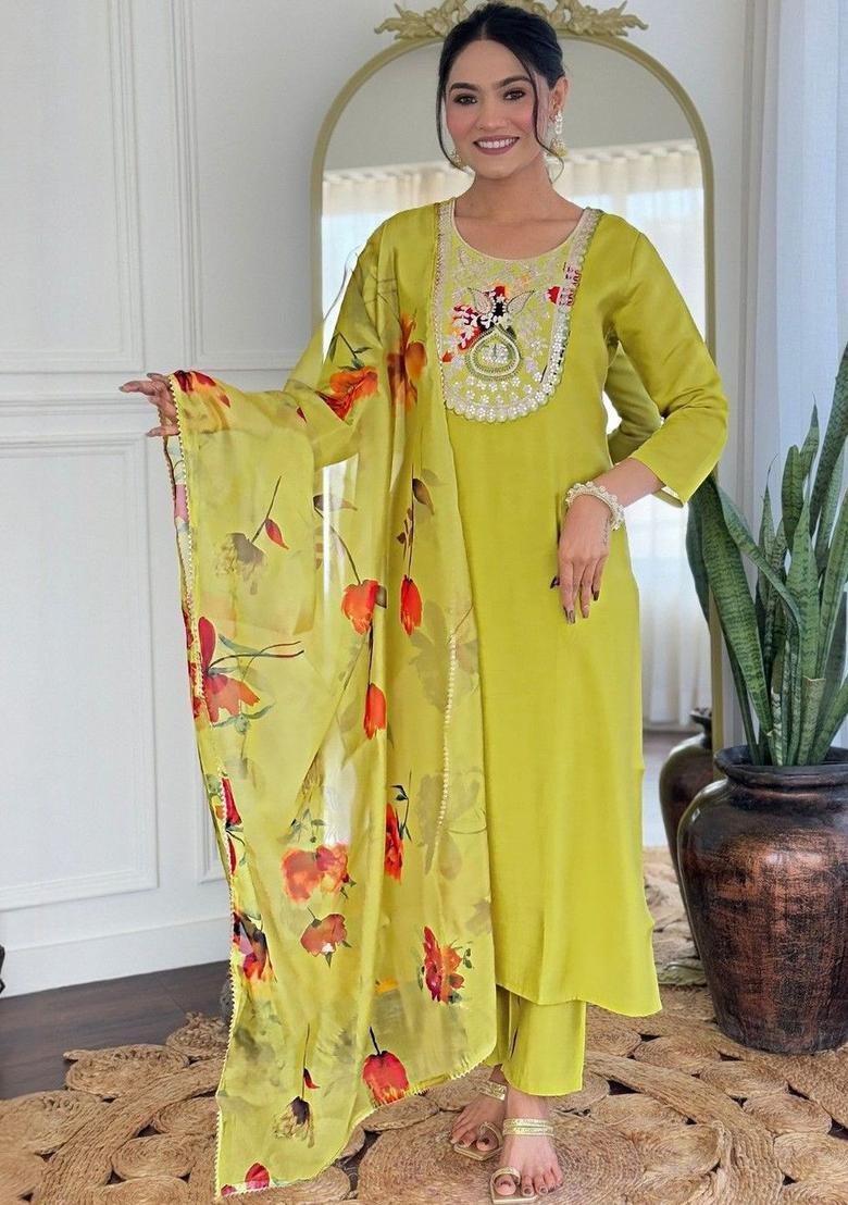Lime Green Embroidered Viscose Kurta Set - Indya