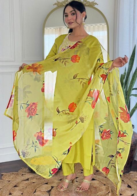 Lime Green Embroidered Viscose Kurta Set — view on Indya