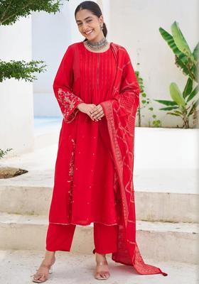 Red Printed Viscose Kurta Set
