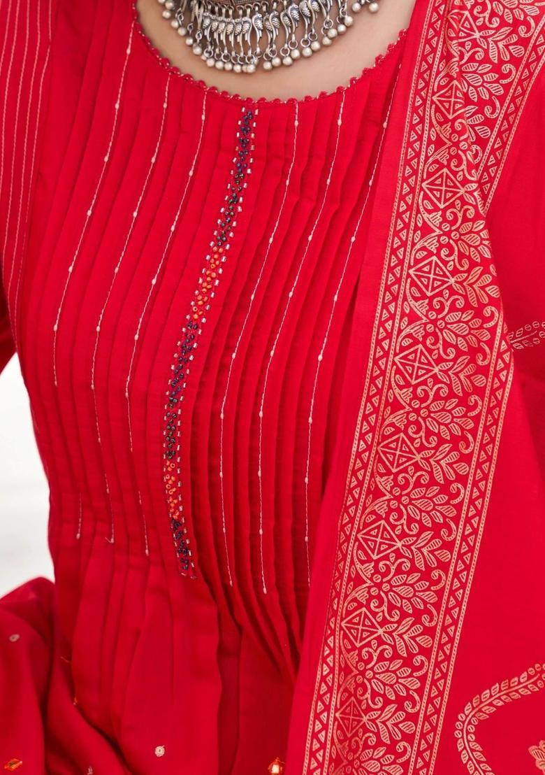 Red Printed Viscose Kurta Set - Indya