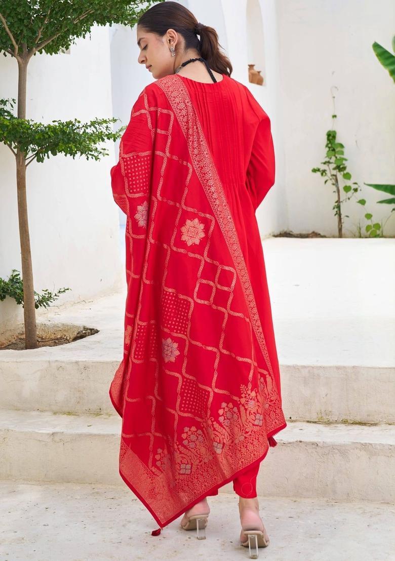 Red Printed Viscose Kurta Set - Indya