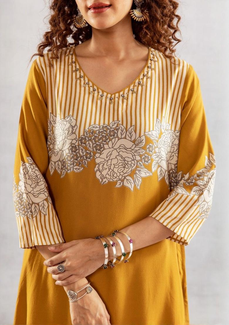 Yellow Printed Viscose Kurta Set - Indya