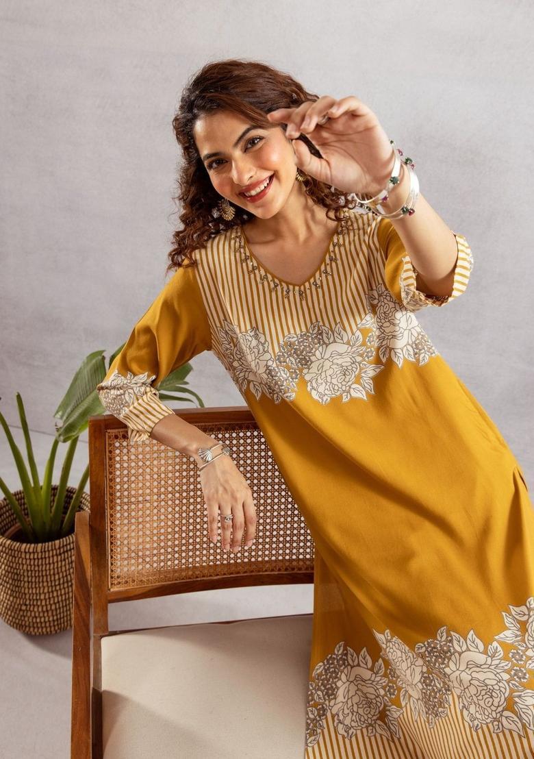Yellow Printed Viscose Kurta Set - Indya