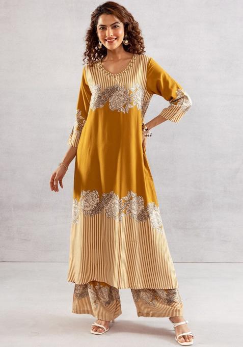 Yellow Printed Viscose Kurta Set — view on Indya