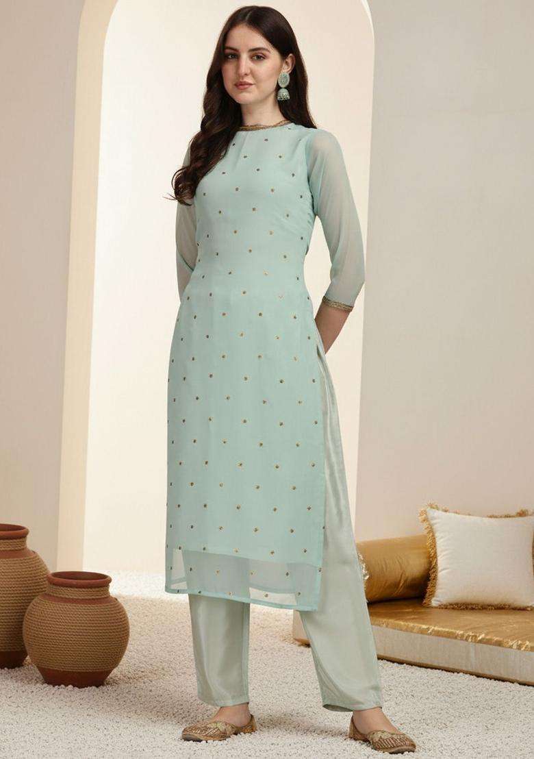 Sea Green Solid Georgette Kurta Set - Indya