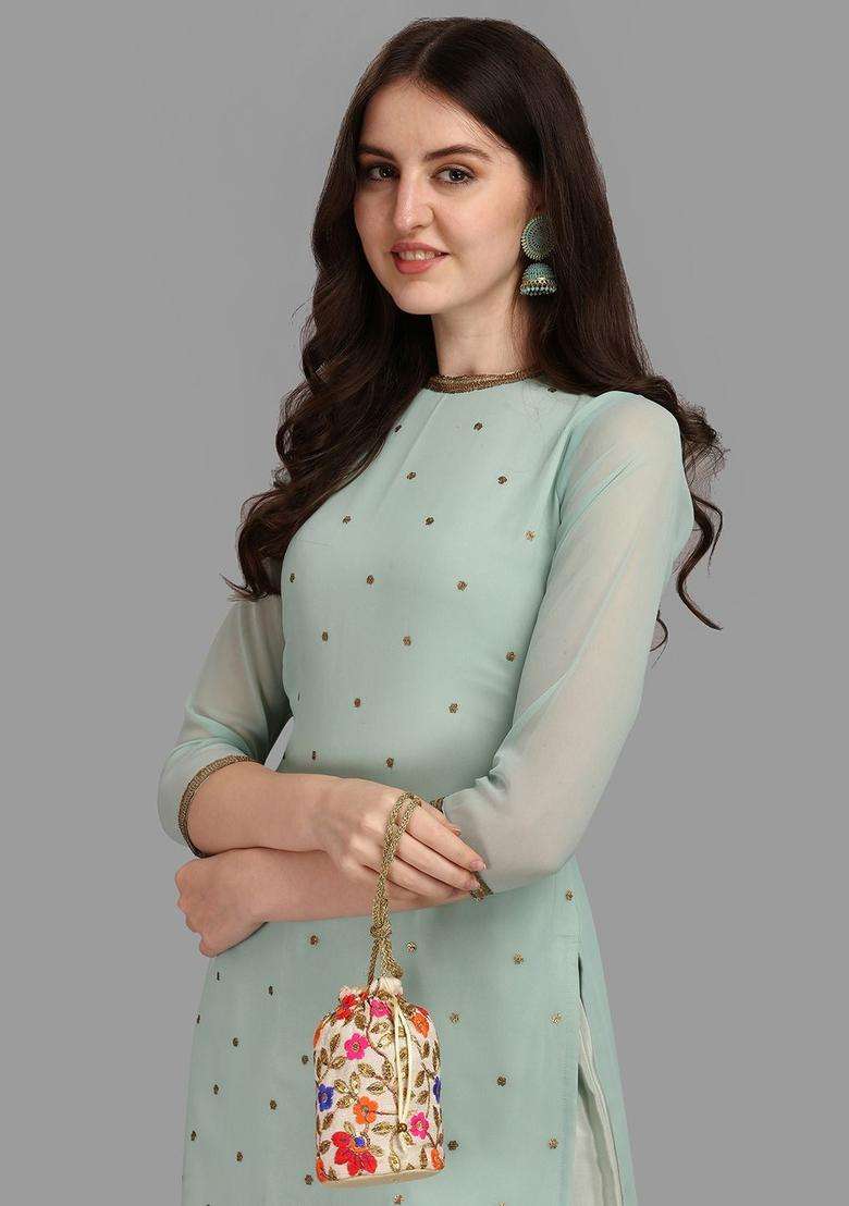 Sea Green Solid Georgette Kurta Set - Indya