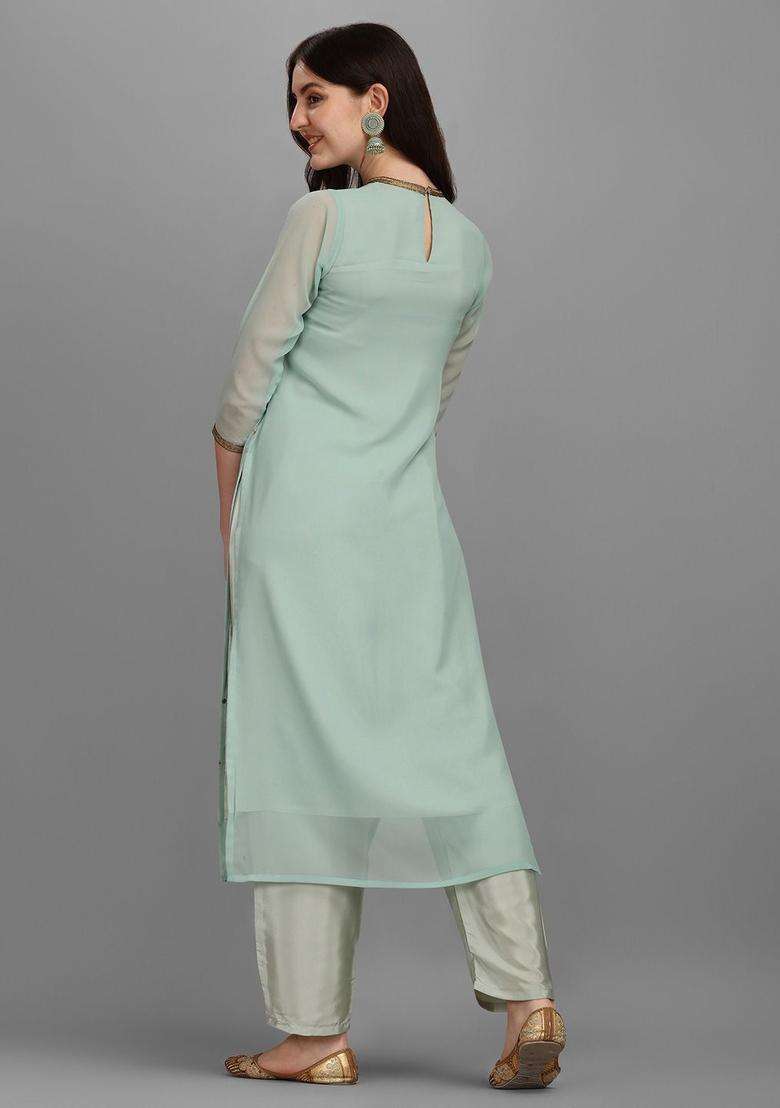 Sea Green Solid Georgette Kurta Set - Indya