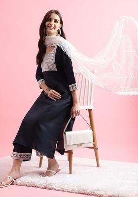Navy Blue Yoke Design Silk Kurta Set