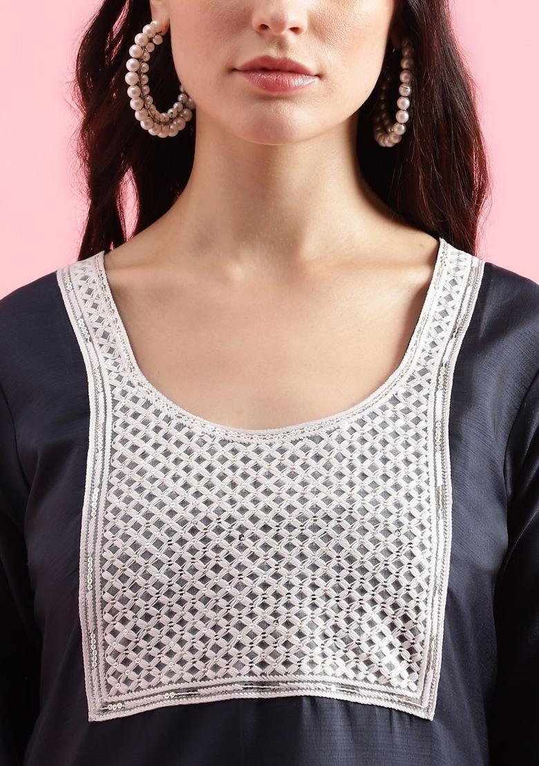 Navy Blue Yoke Design Silk Kurta Set - Indya