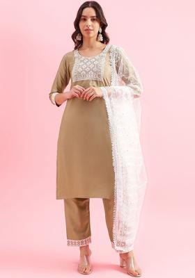 Beige Embroidered Silk Kurta Set