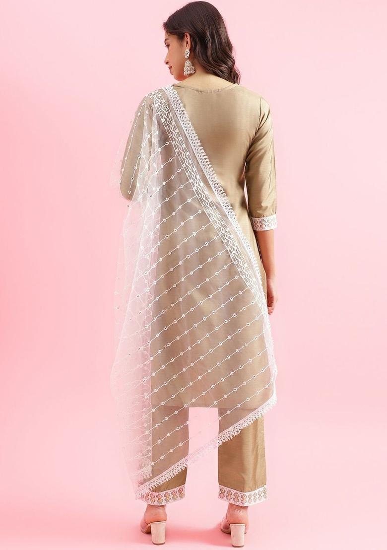 Beige Embroidered Silk Kurta Set - Indya