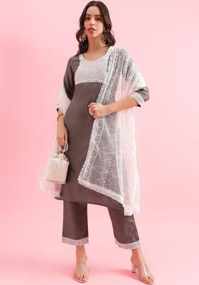 Grey Self Design Silk Blend Kurta Set