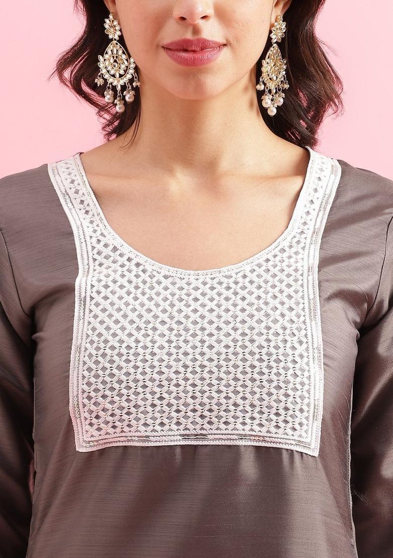 Grey Self Design Silk Kurta Set - Indya