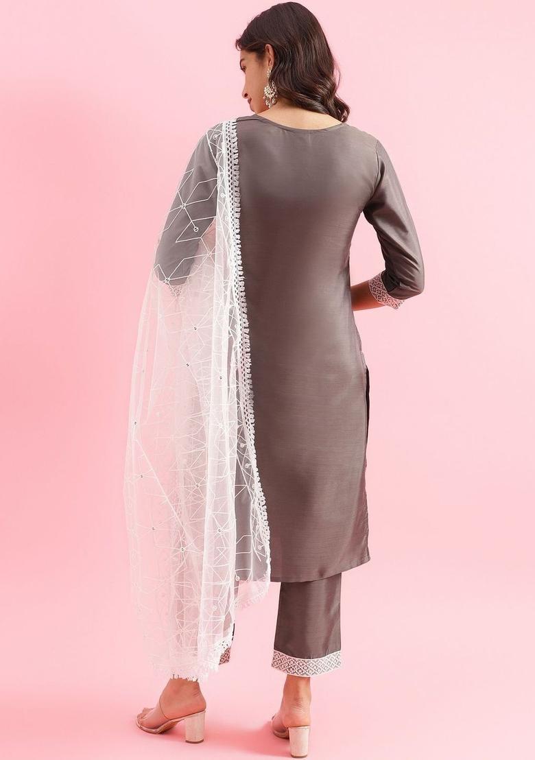 Grey Self Design Silk Kurta Set - Indya
