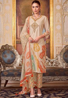 Beige Printed Cotton Kurta Set