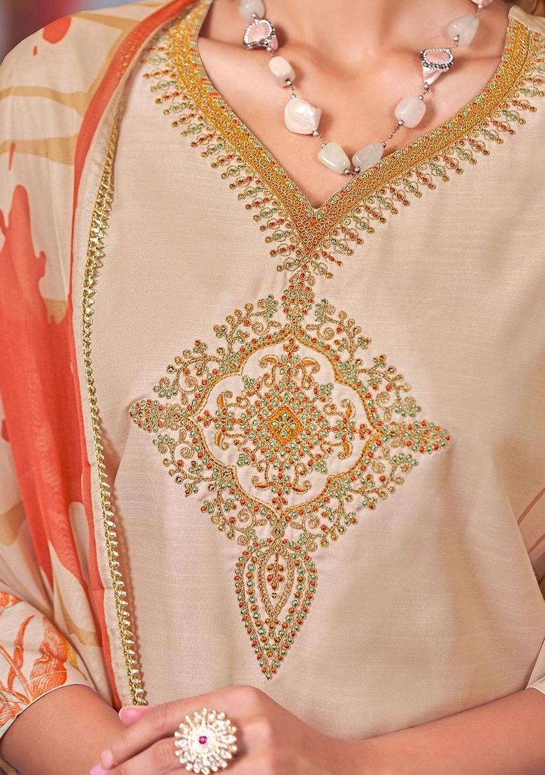 Beige Printed Cotton Kurta Set - Indya