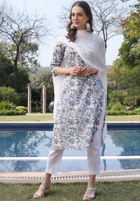 White Printed Cotton Kurta Set