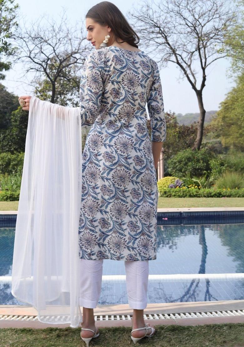 White Printed Cotton Kurta Set - Indya