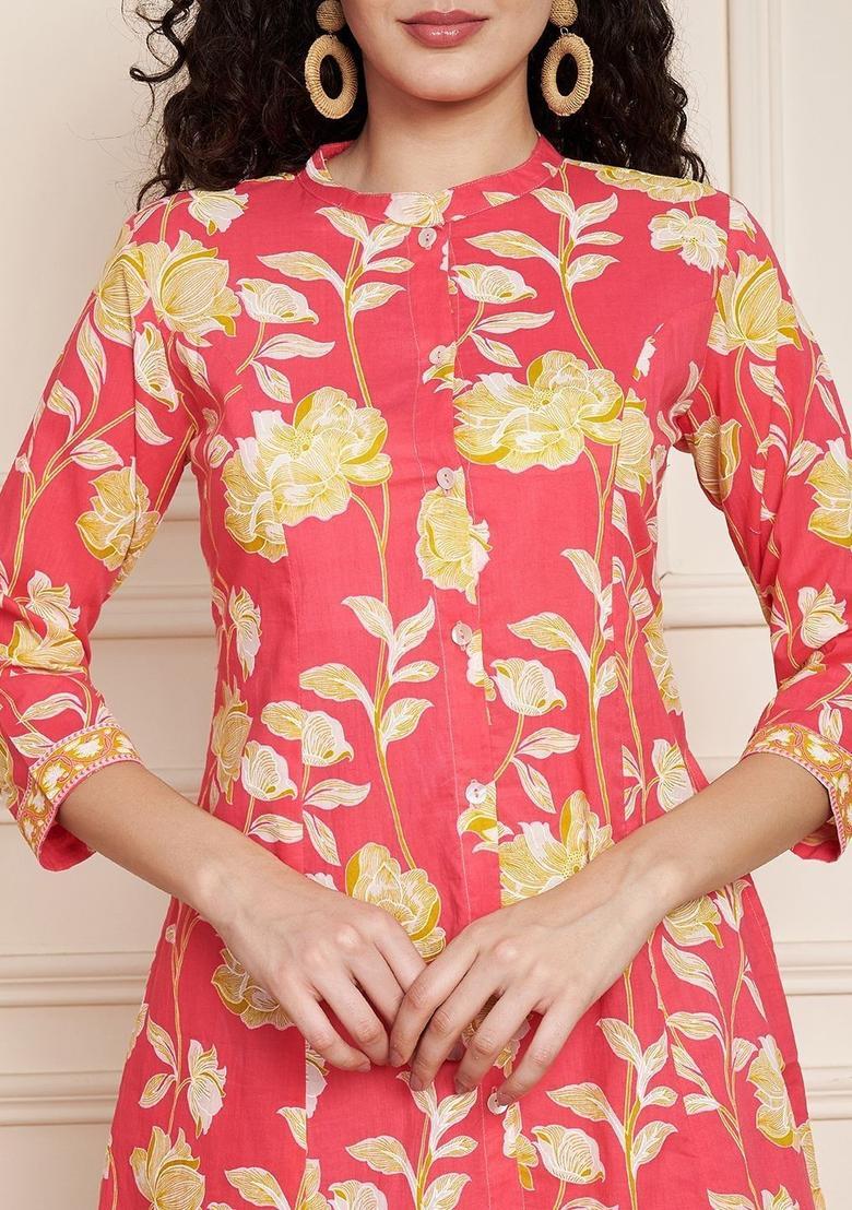 Red Printed Cotton Kurta Set - Indya