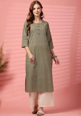 Olive Printed Cotton Kurta Set