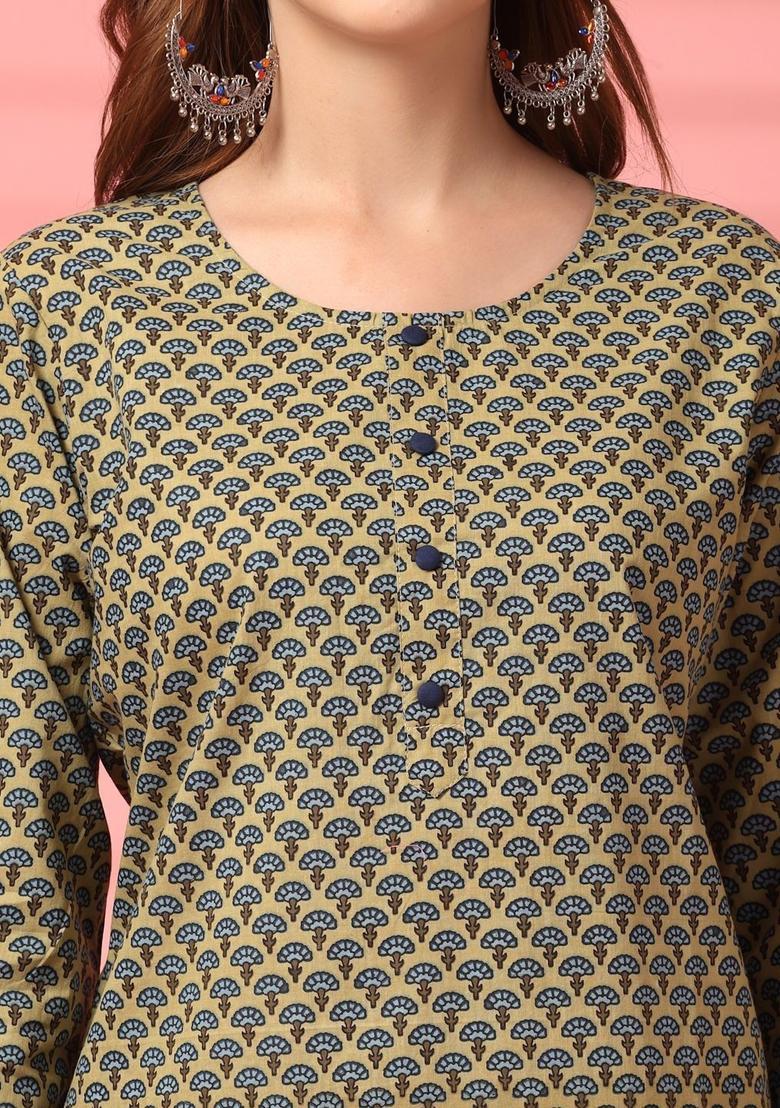 Olive Printed Cotton Kurta Set - Indya