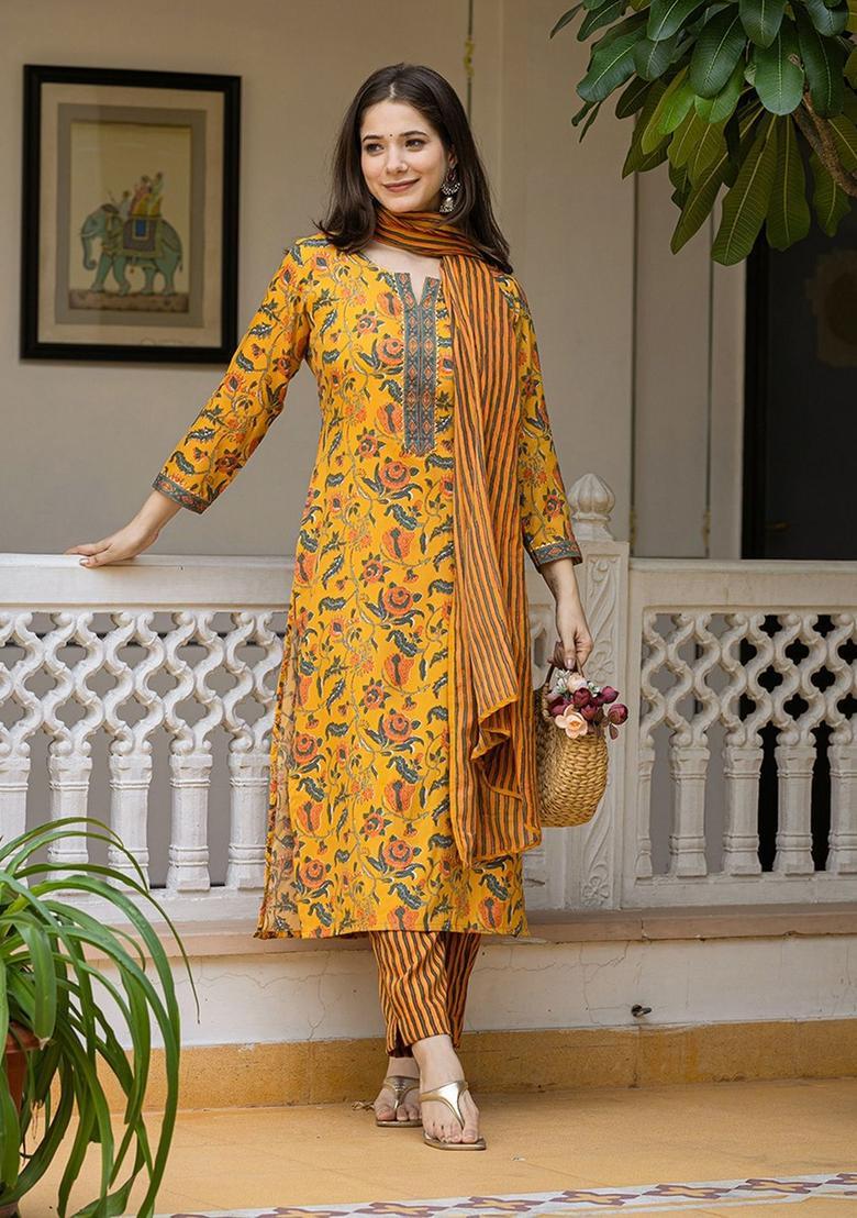 Yellow Printed Viscose Kurta Set - Indya