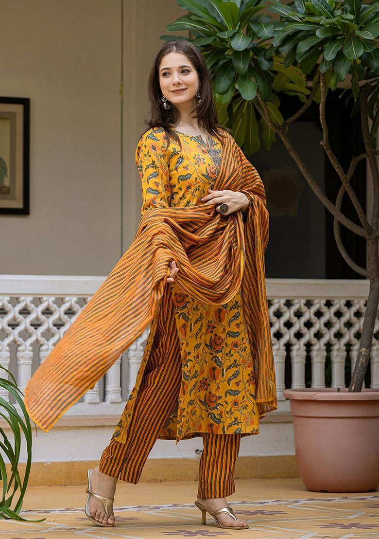Yellow Printed Viscose Kurta Set - Indya