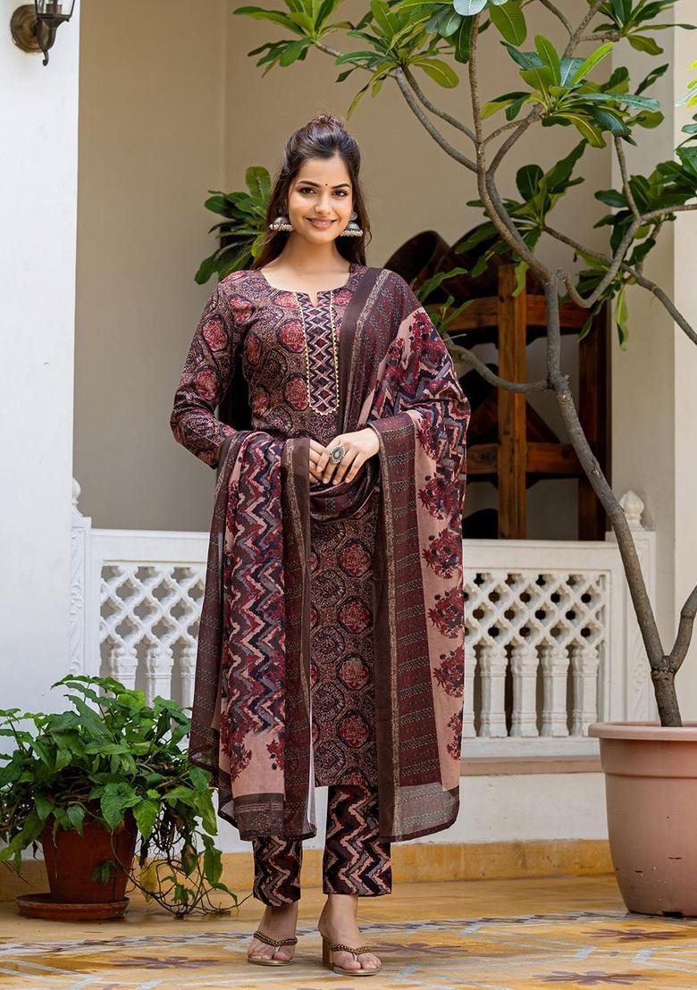 Brown Printed Viscose Kurta Set - Indya