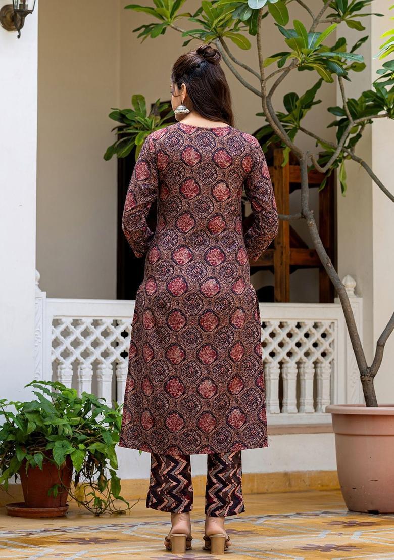 Brown Printed Viscose Kurta Set - Indya
