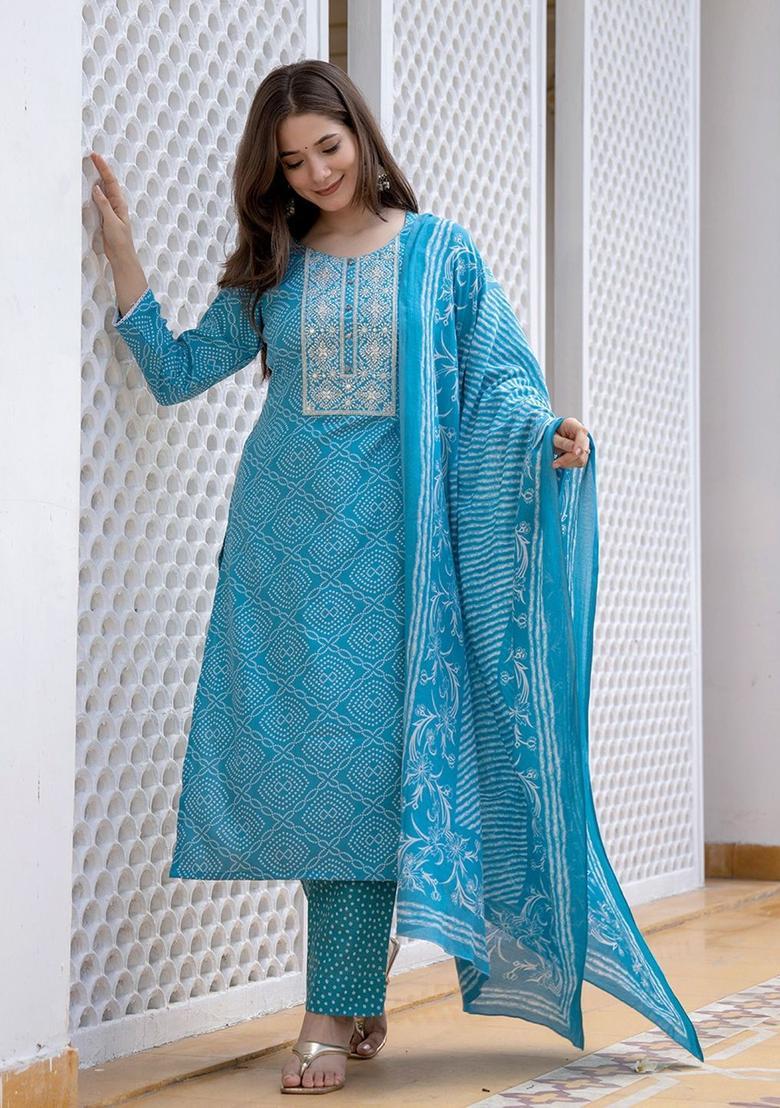 Turquoise Blue Printed Viscose Kurta Set - Indya