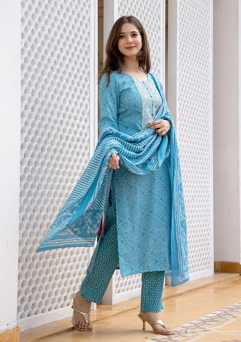 Turquoise Blue Printed Viscose Kurta Set - Indya