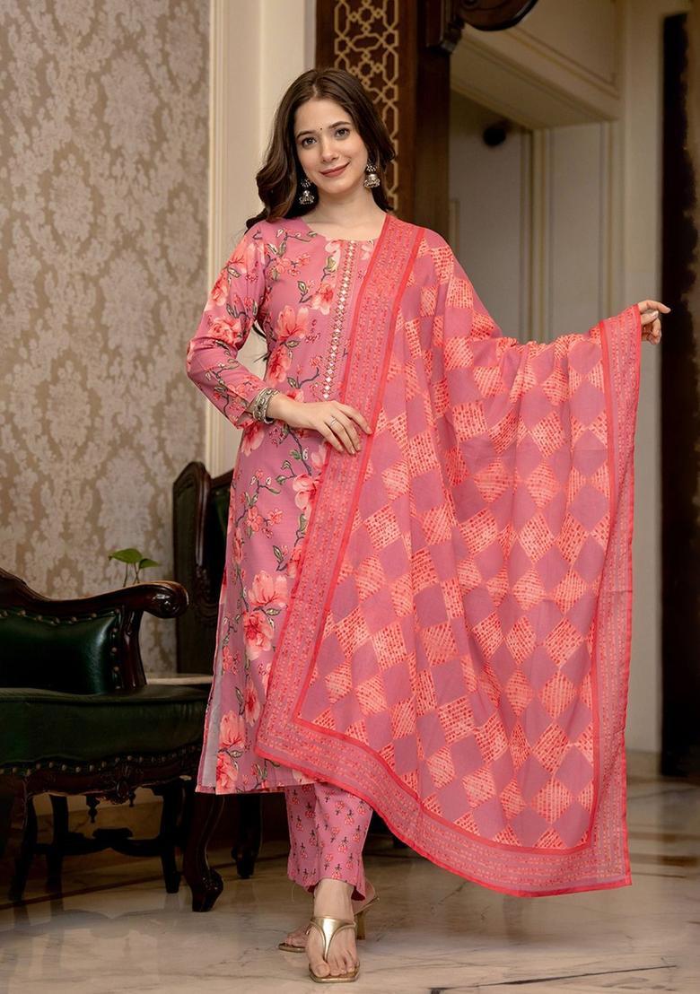 Pink Printed Viscose Kurta Set - Indya
