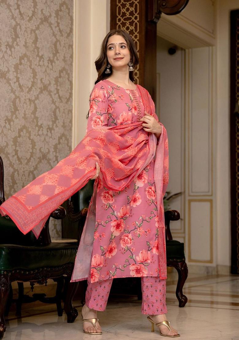 Pink Printed Viscose Kurta Set - Indya