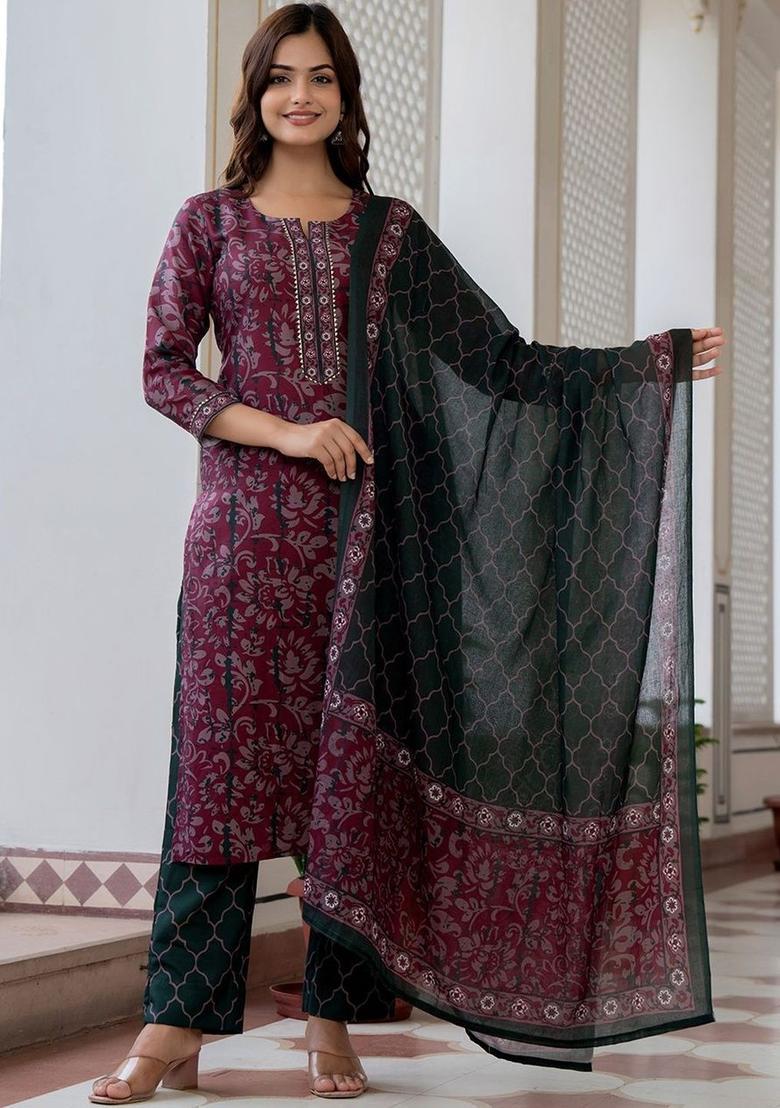 Maroon Printed Viscose Kurta Set - Indya