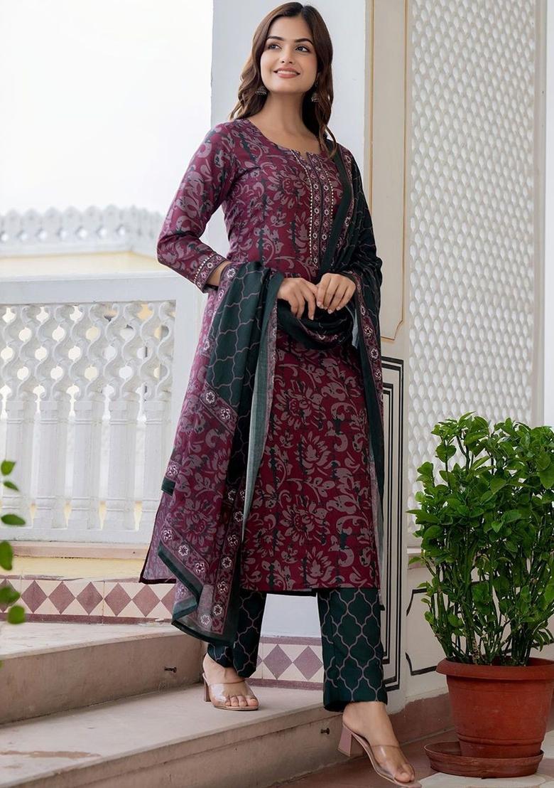 Maroon Printed Viscose Kurta Set - Indya