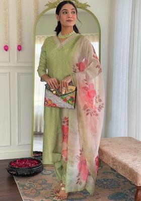 Lime Green Self Design Viscose Kurta Set